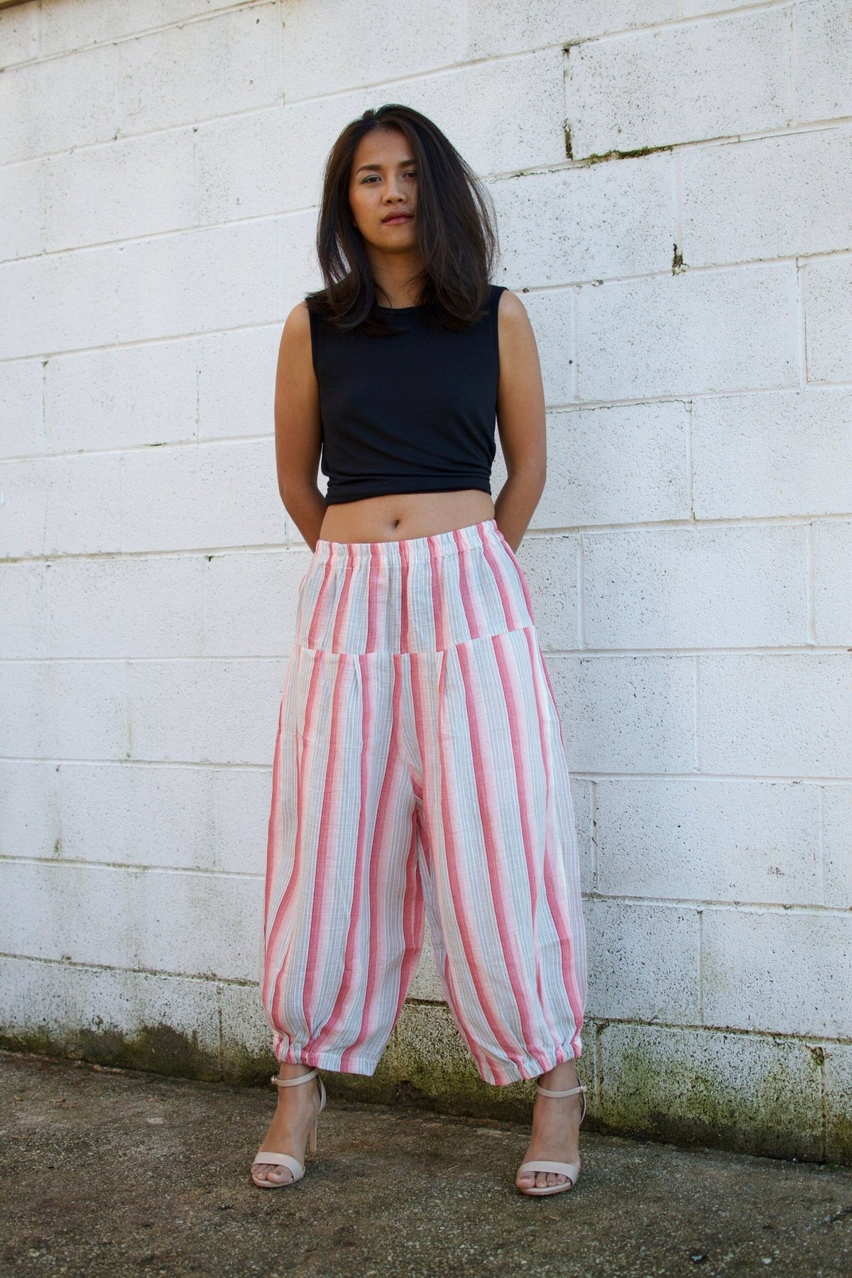 MALA handworks  Lyla Linen pants in White and Pink Stripe