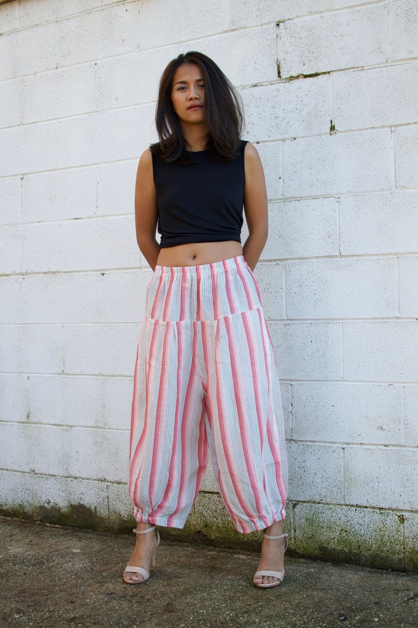 MALA handworks  Lyla Linen pants in White and Pink Stripe