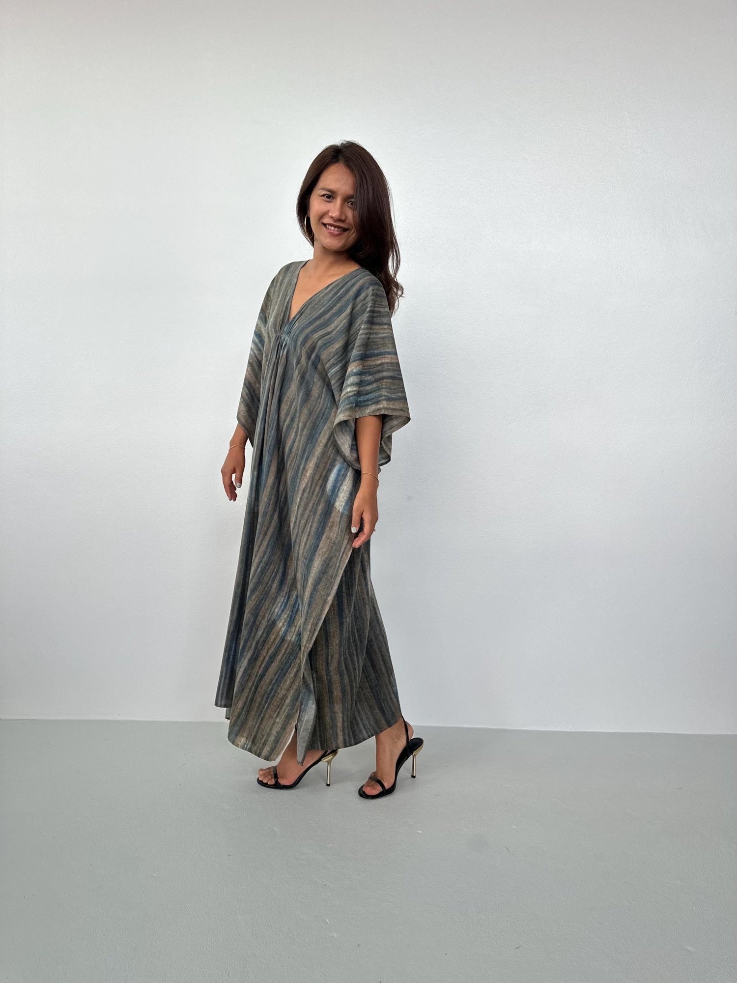 Mala Handworks Lyla Natural Hand-Dyed Cotton Kaftan in Natural Tan Stripe