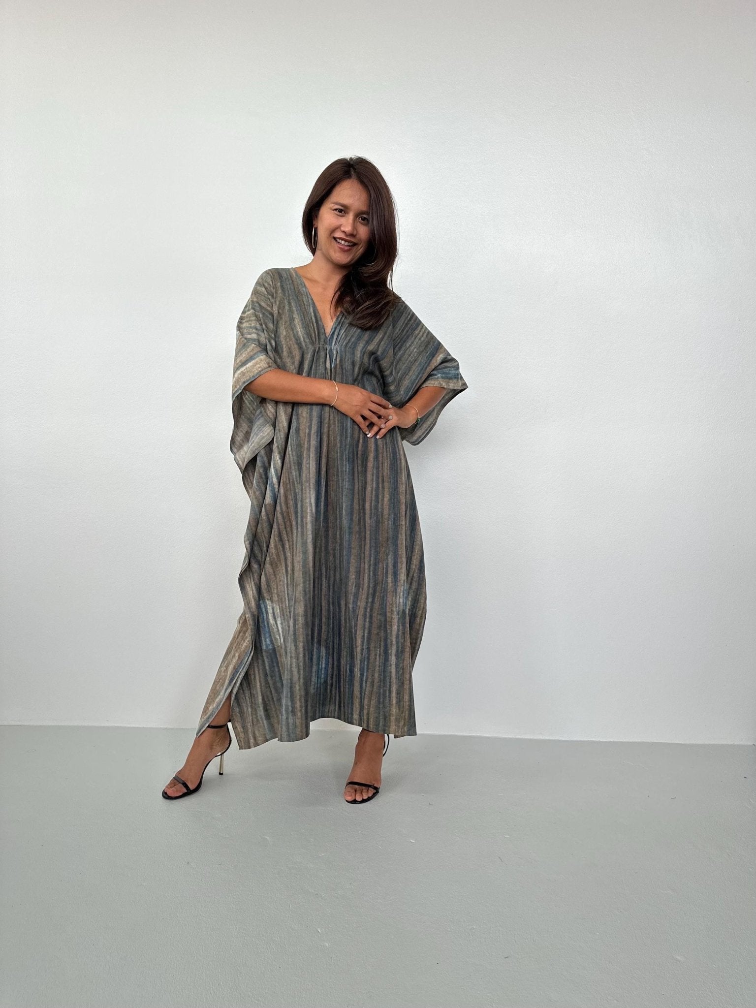 Lyla Natural Hand - Dyed Cotton Kaftan in Natural Tan Stripe - Mala Handworks