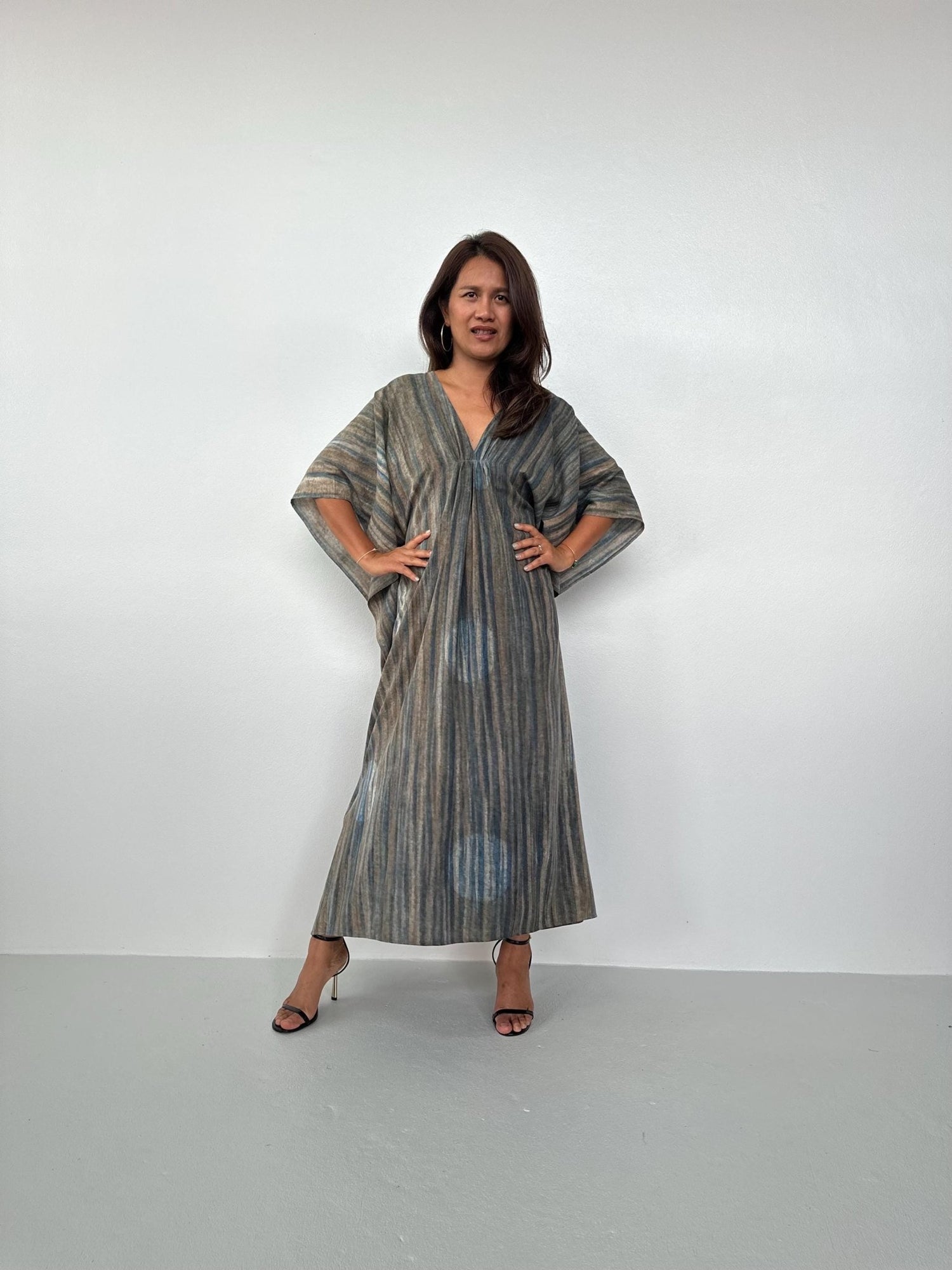 Lyla Natural Hand - Dyed Cotton Kaftan in Natural Tan Stripe - Mala Handworks