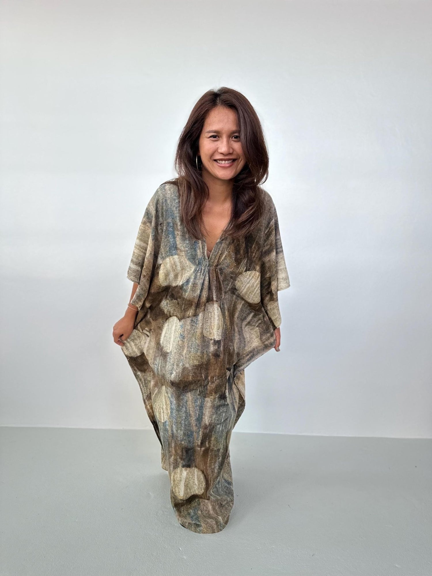Lyla Natural Hand - Dyed Cotton Kaftan in Tan & Brown - Mala Handworks