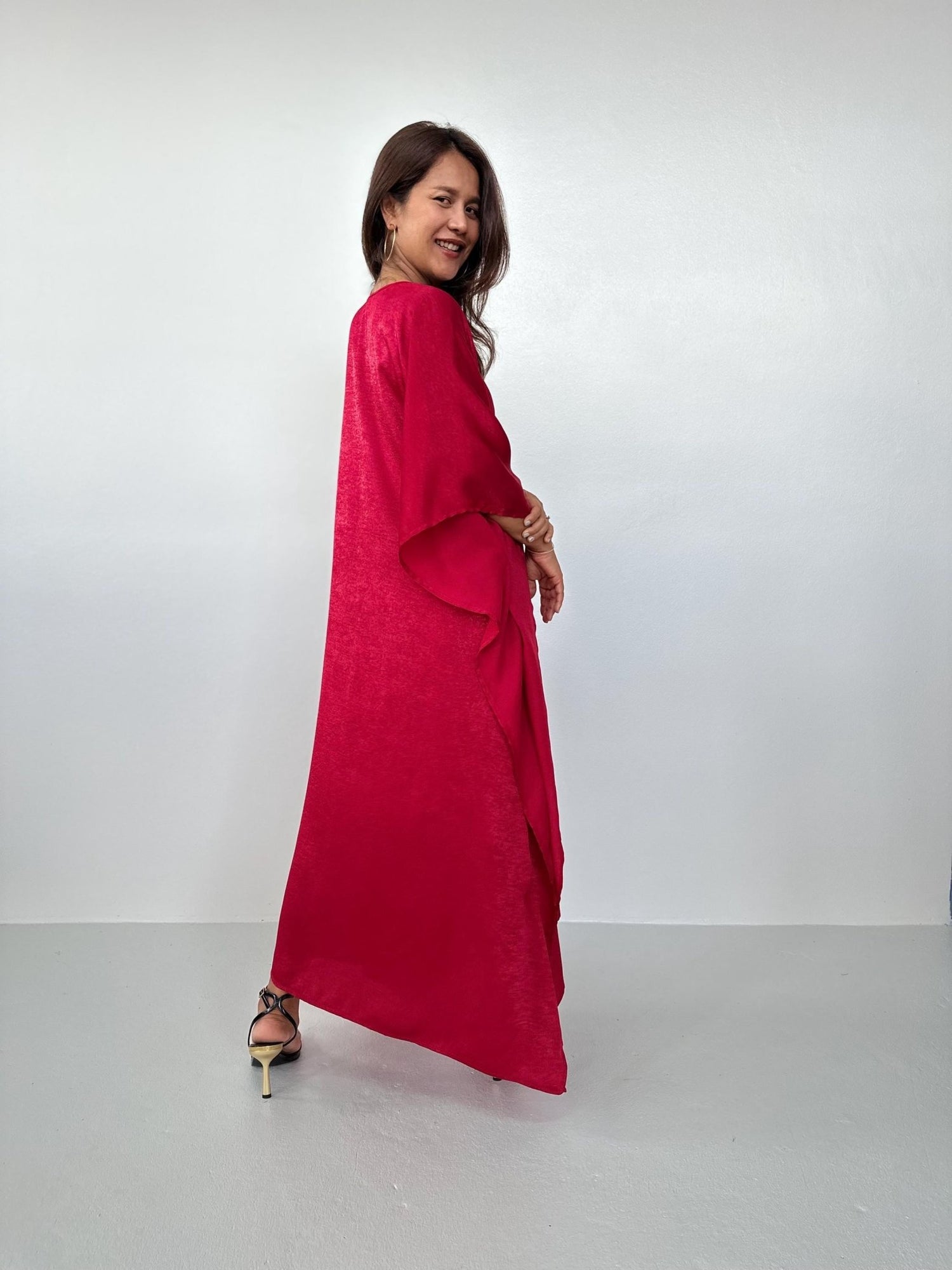 Lyla Satin Crepe Kaftan in Cherry - Mala Handworks