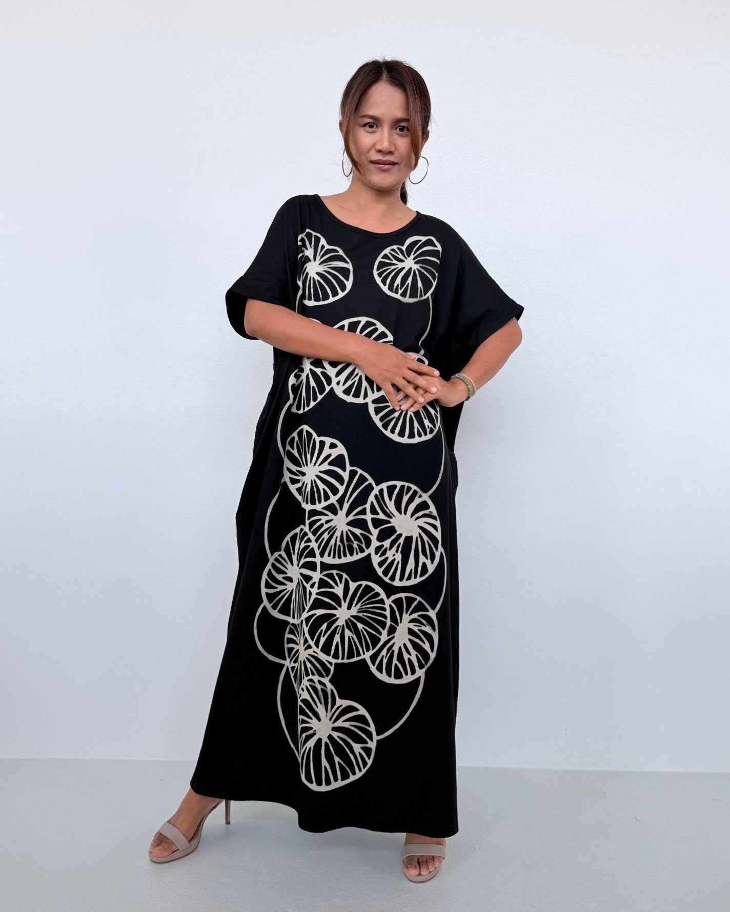 Mala Handworks Alice Jersey Cotton Kaftan in Black with Hand-Painted Lotus Leaves