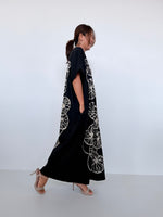 Mala Handworks Alice Jersey Cotton Kaftan in Black with Hand-Painted Lotus Leaves