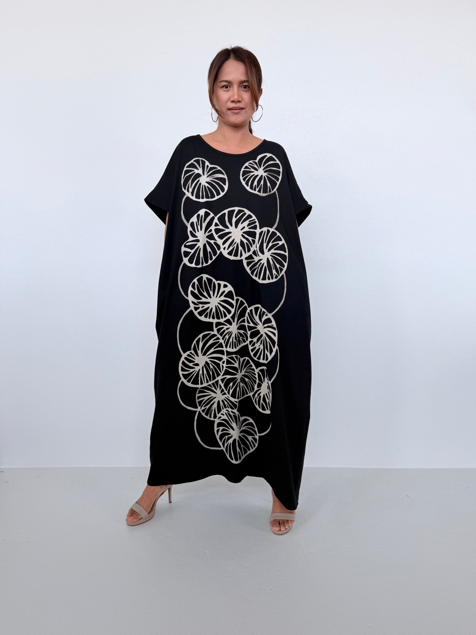 Mala Handworks Alice Jersey Cotton Kaftan in Black with Hand-Painted Lotus Leaves