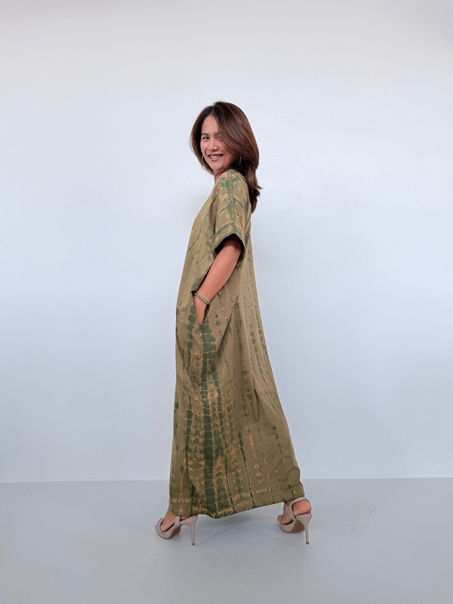 Mala Handworks Alice Jersey Cotton Kaftan in Olive Tie Dye