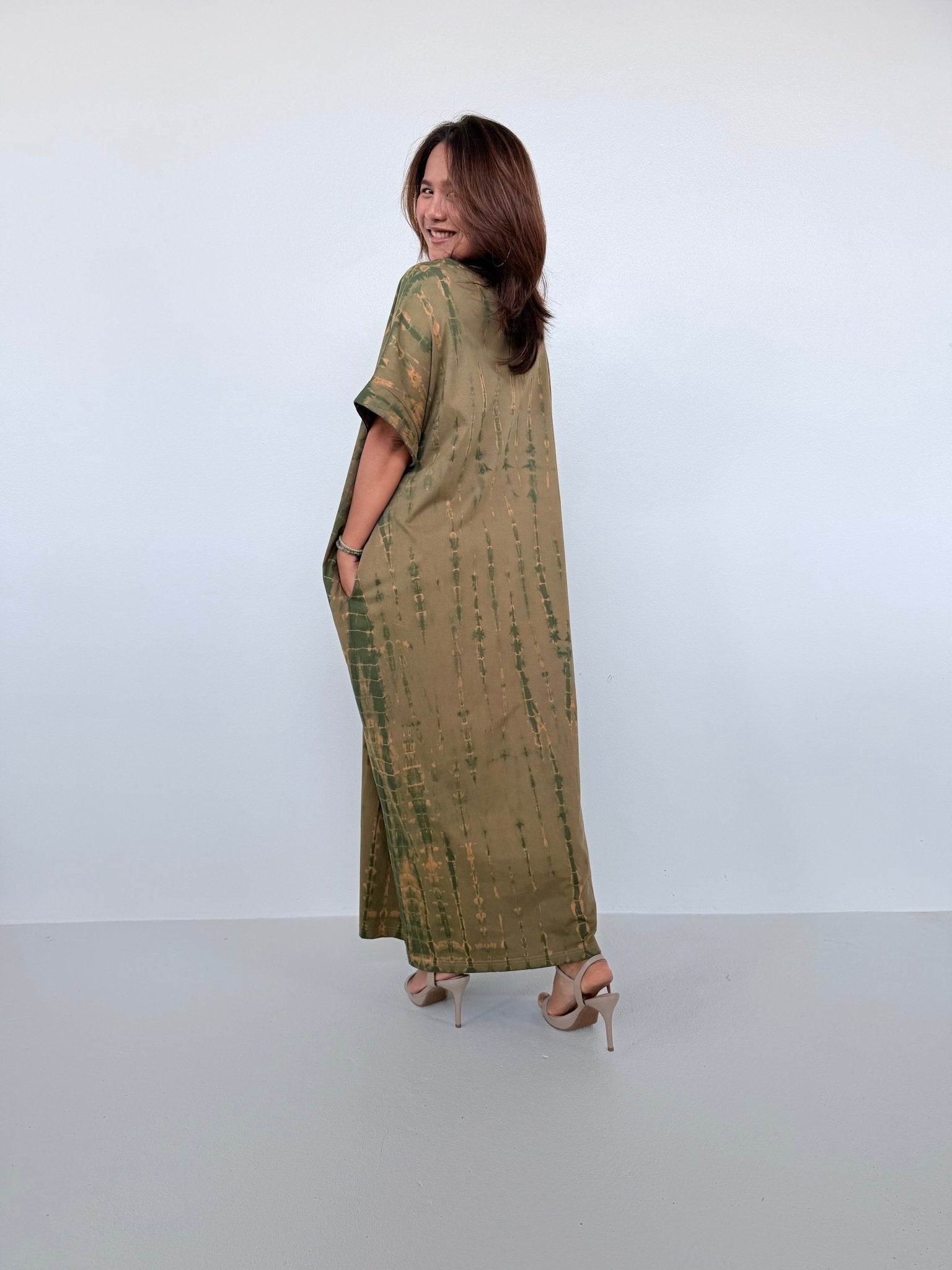 Mala Handworks Alice Jersey Cotton Kaftan in Olive Tie Dye