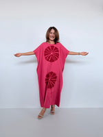 Mala Handworks Alice Jersey Cotton Kaftan in Raspberry Tie Dye Polka Dots