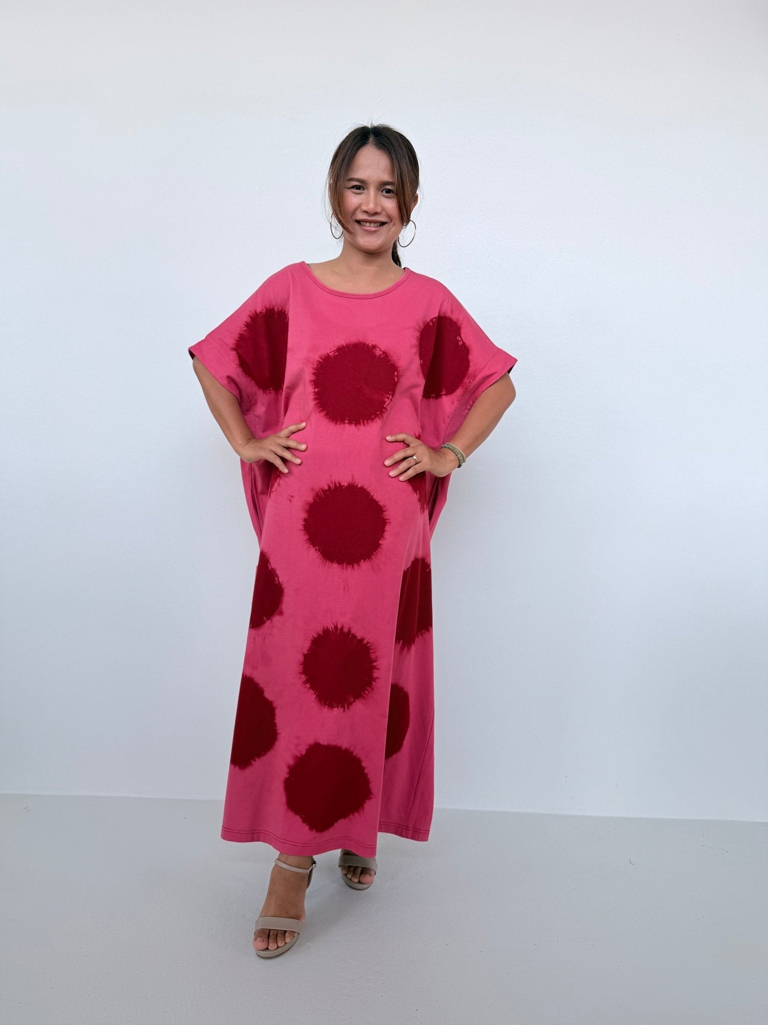 Mala Handworks Alice Jersey Cotton Kaftan in Watermelon & Merlot Tie Dye Polka Dots