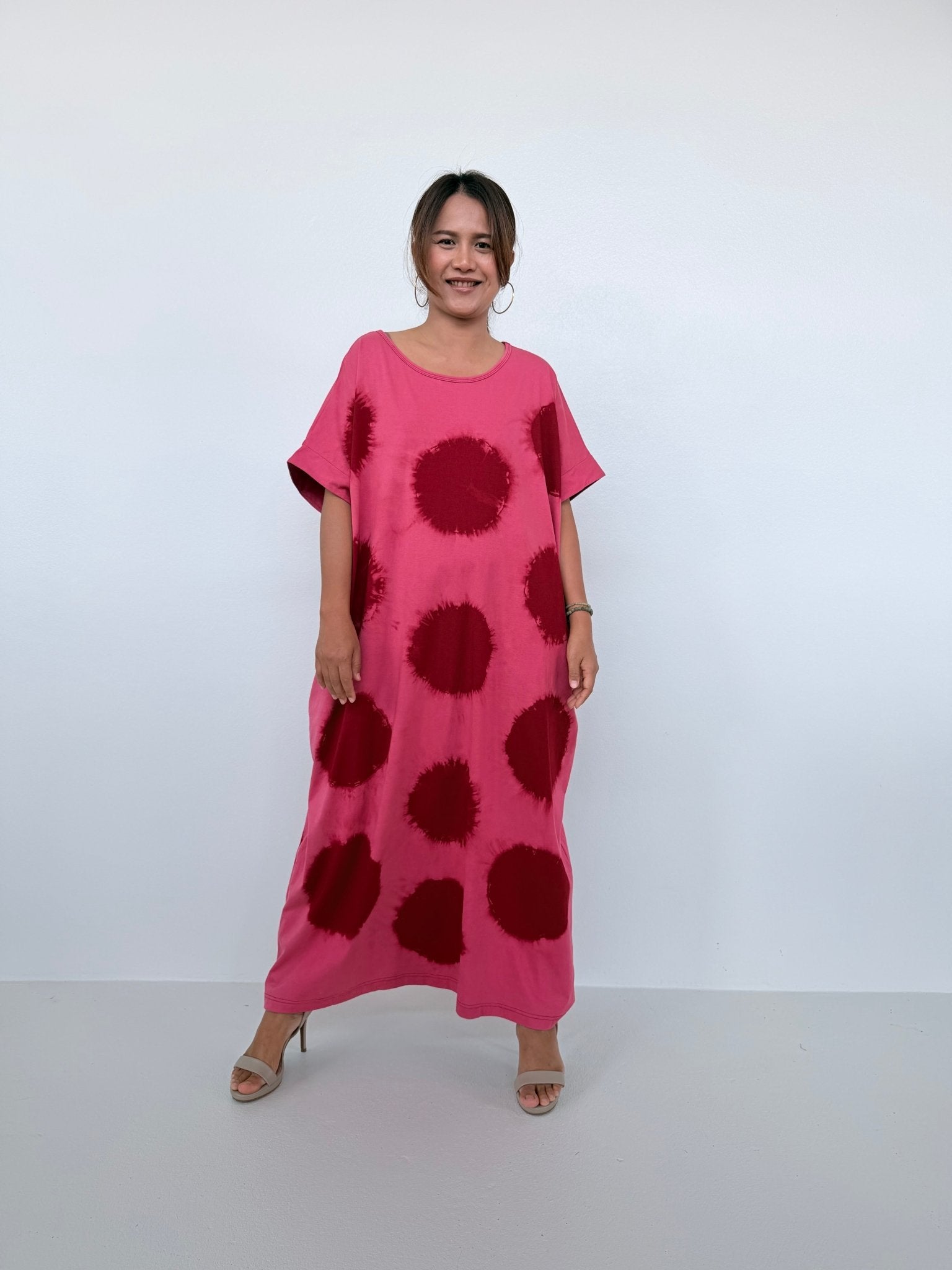 Mala Handworks Alice Jersey Cotton Kaftan in Watermelon & Merlot Tie Dye Polka Dots