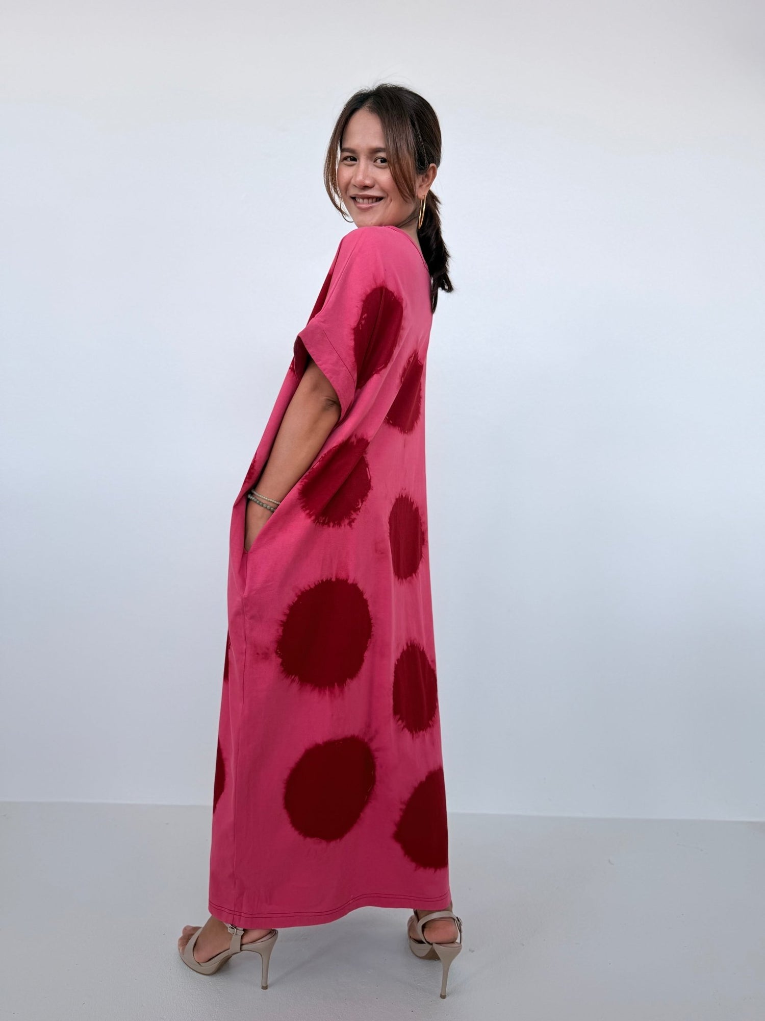 Mala Handworks Alice Jersey Cotton Kaftan in Watermelon & Merlot Tie Dye Polka Dots