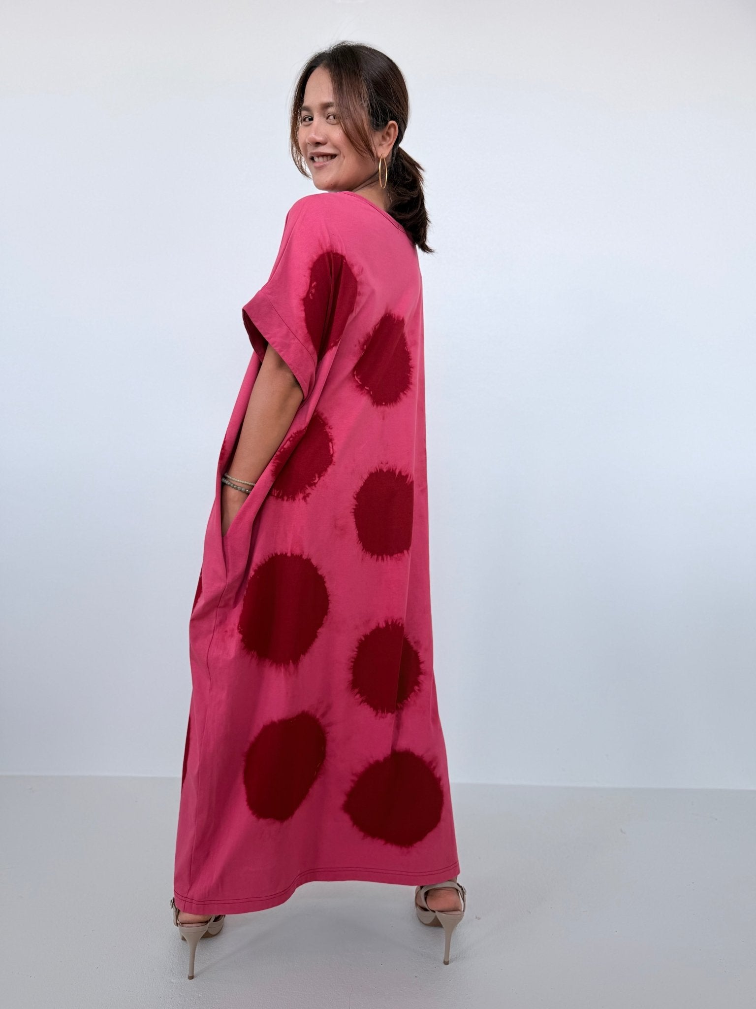 Mala Handworks Alice Jersey Cotton Kaftan in Watermelon & Merlot Tie Dye Polka Dots