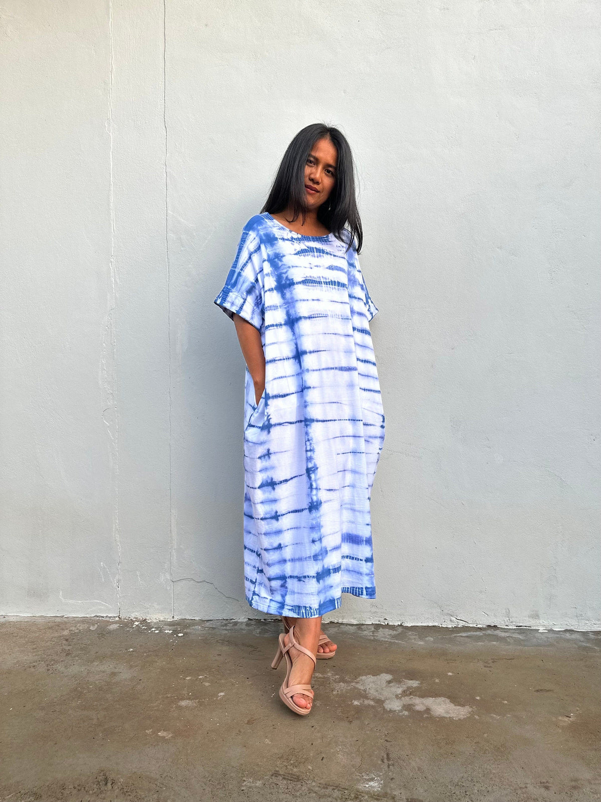 MALA handworks Alice Jersey Cotton Kaftan in White and Blue Tidal Tie Dye