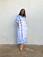 MALA handworks Alice Jersey Cotton Kaftan in White and Blue Tidal Tie Dye