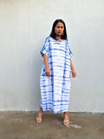MALA handworks Alice Jersey Cotton Kaftan in White and Blue Tidal Tie Dye