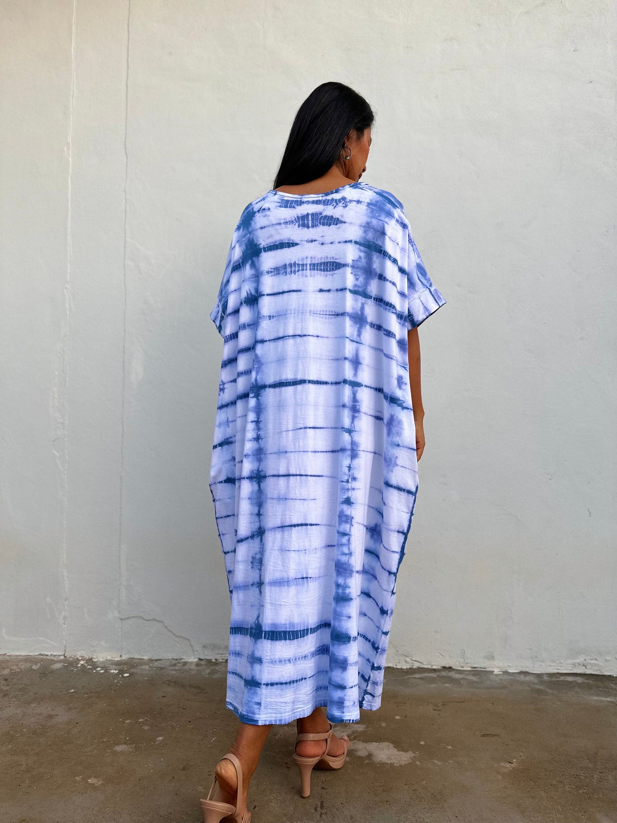 MALA handworks Alice Jersey Cotton Kaftan in White and Blue Tidal Tie Dye