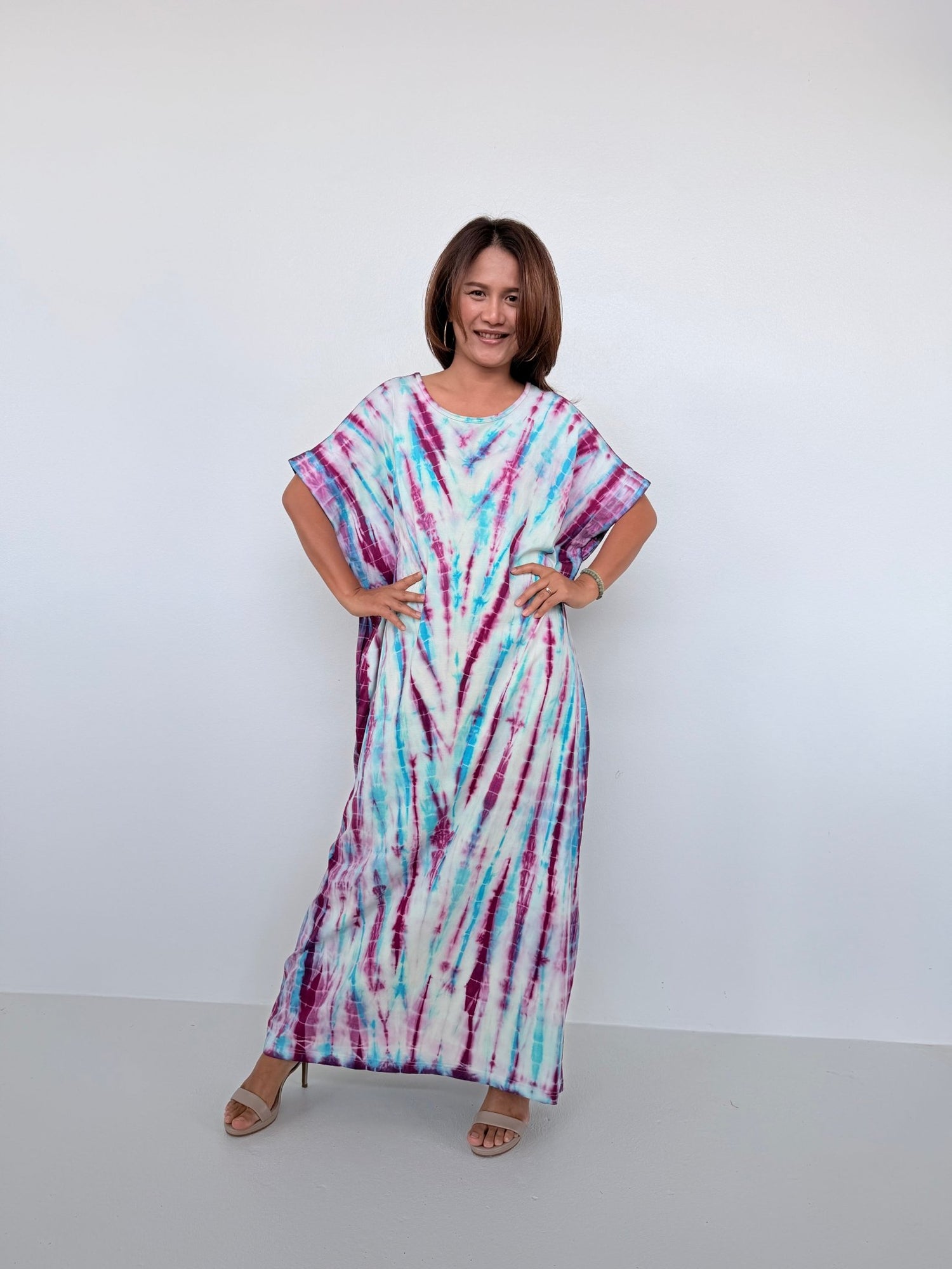 Mala Handworks Alice Jersey Cotton Kaftan in White, Fuchsia & Aqua Tie Dye
