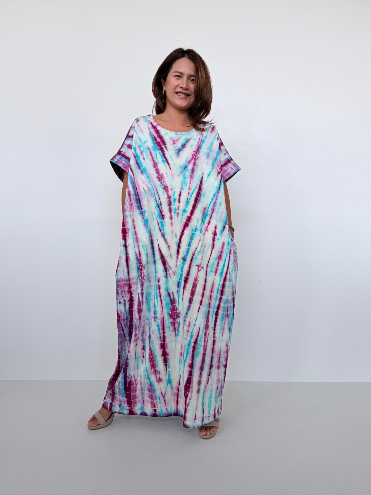 Mala Handworks Alice Jersey Cotton Kaftan in White, Fuchsia & Aqua Tie Dye