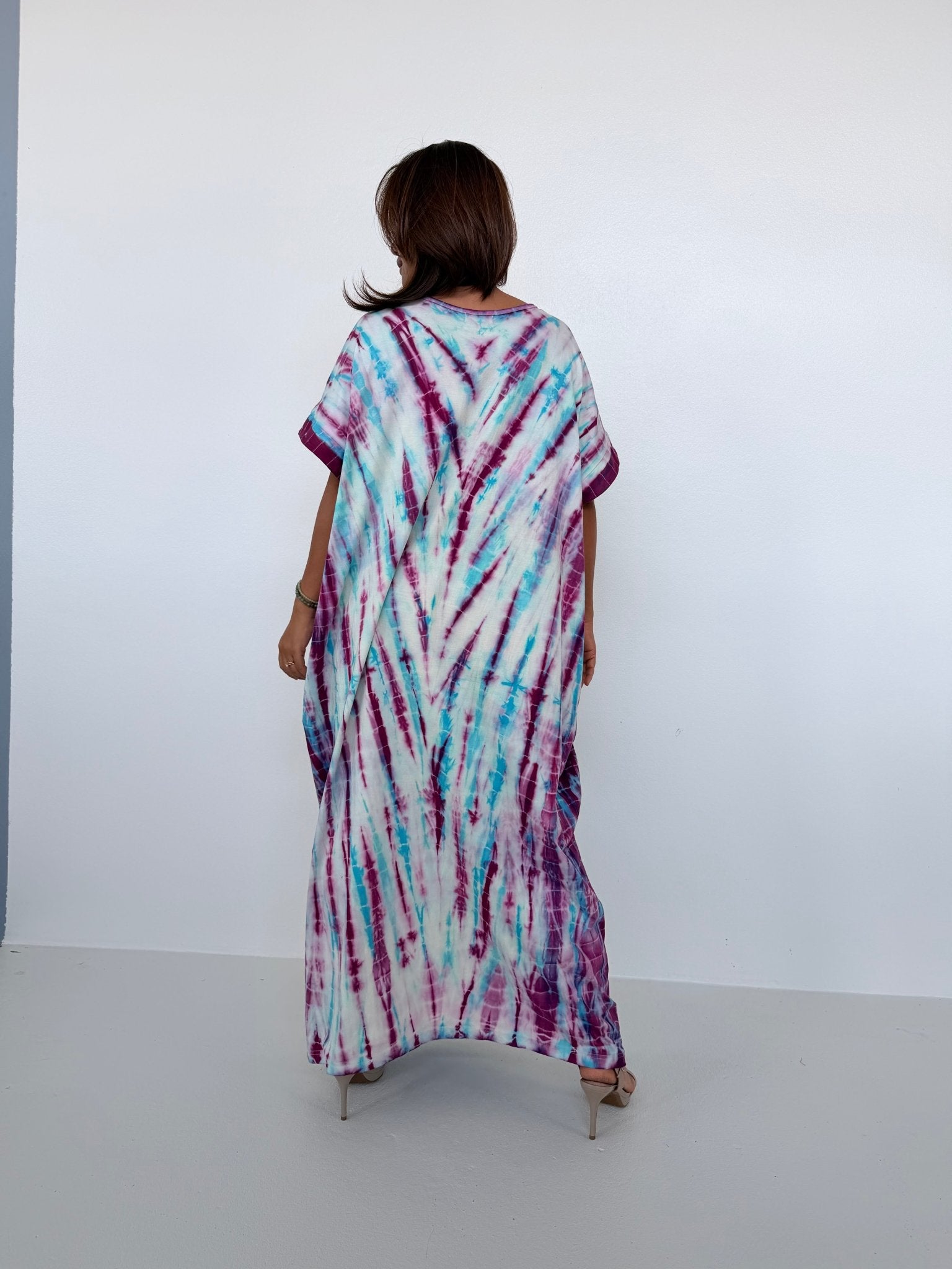 Mala Handworks Alice Jersey Cotton Kaftan in White, Fuchsia & Aqua Tie Dye