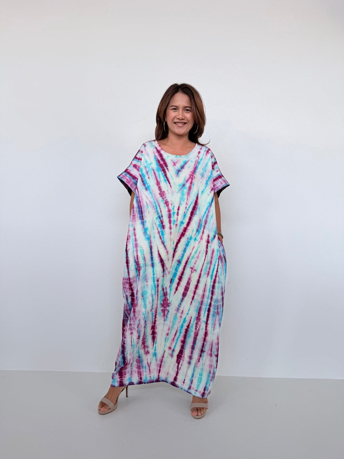 Mala Handworks Alice Jersey Cotton Kaftan in White, Fuchsia & Aqua Tie Dye