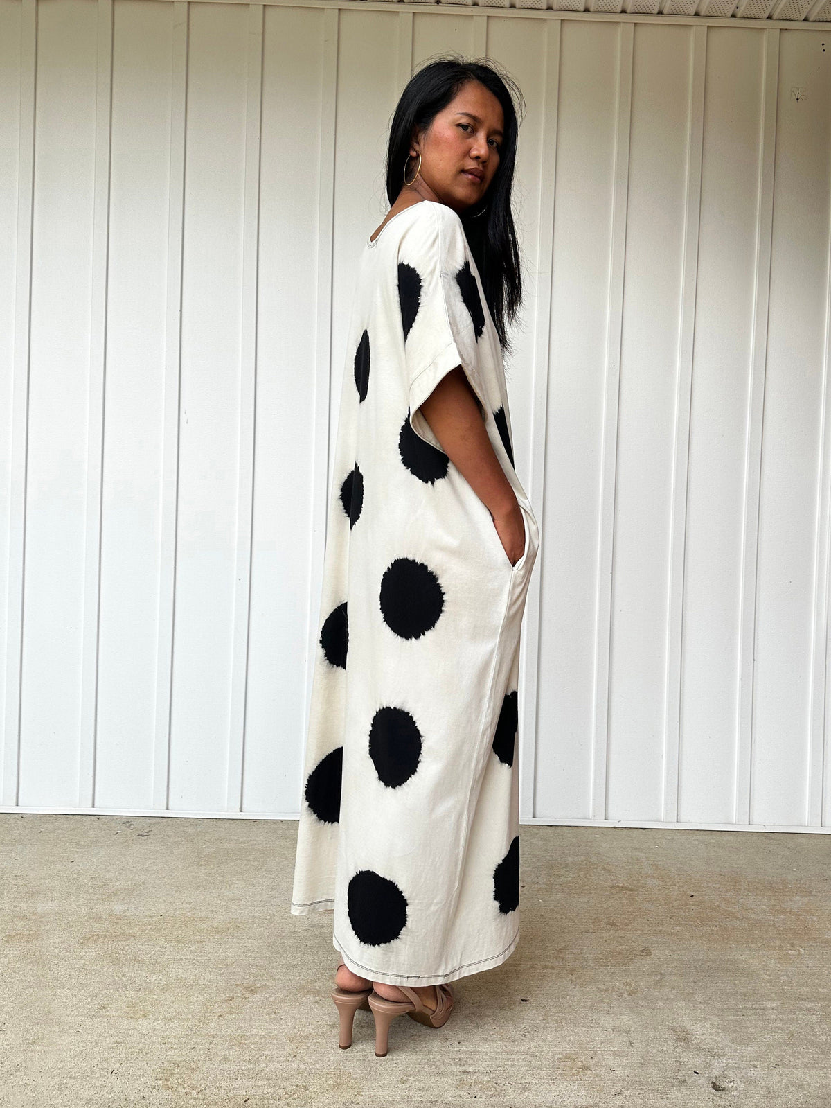 MALA handworks Alice White Jersey Cotton Kaftan with Black Polka Dots