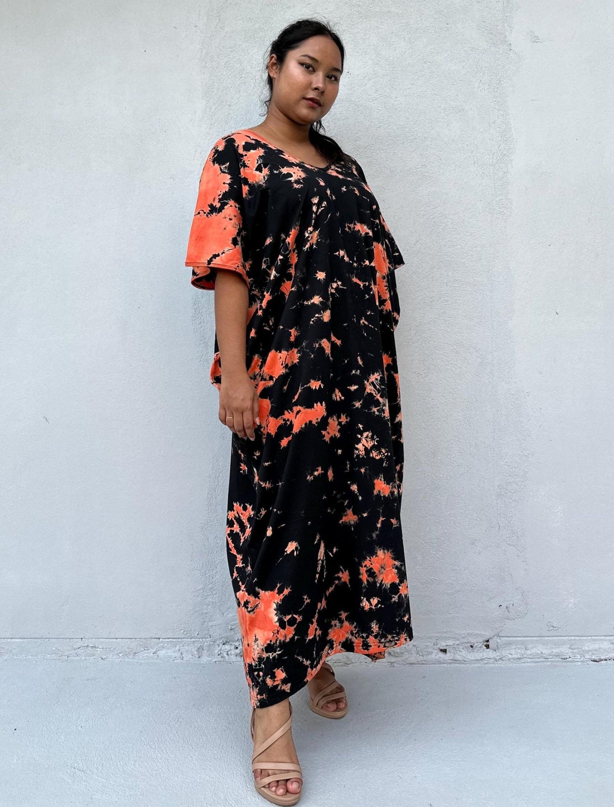 Mala Handworks Alisa Cotton Kaftan in Black & Orange Tie Dye