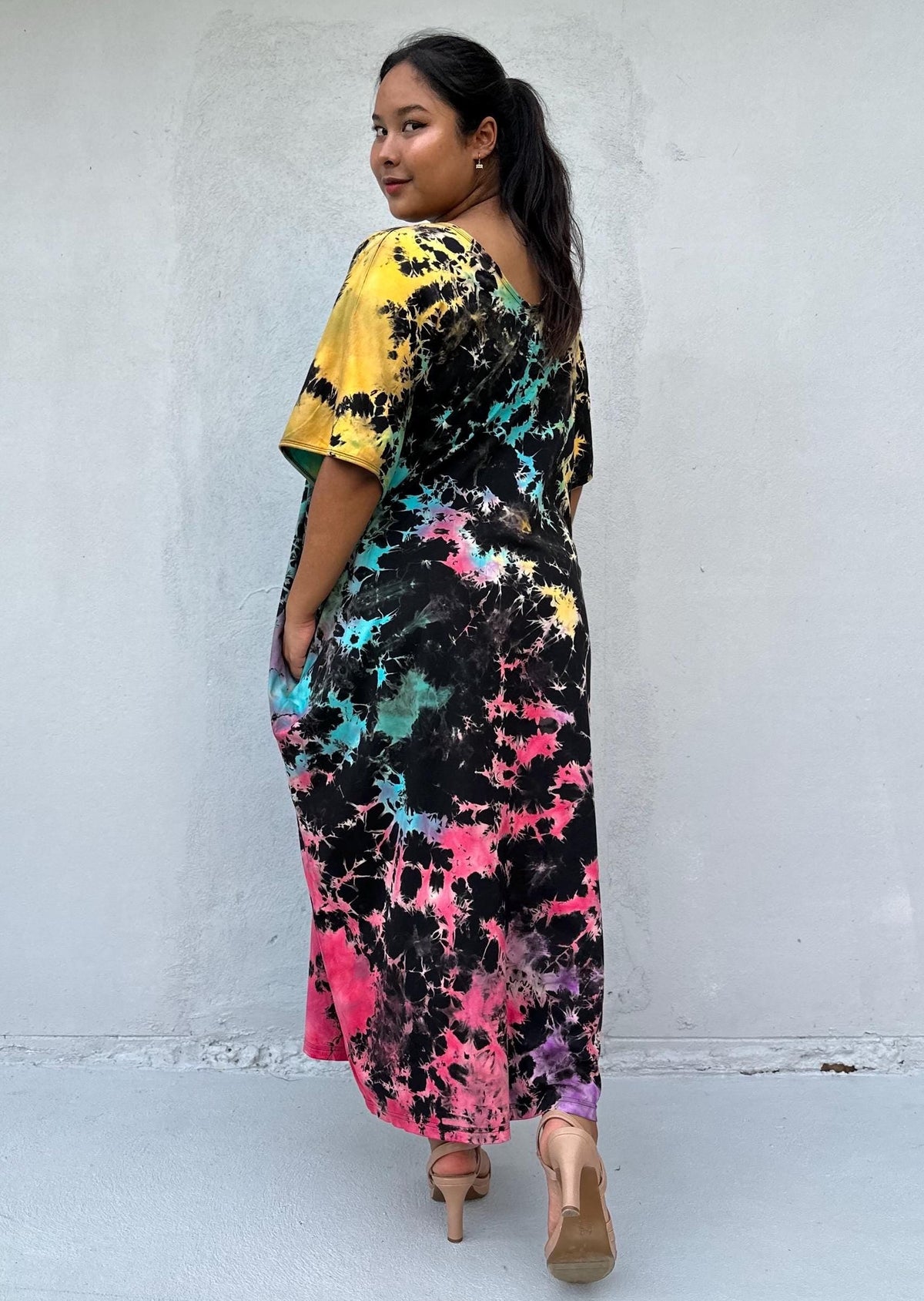Mala Handworks Alisa Cotton Kaftan in Black Rainbow Tie Dye