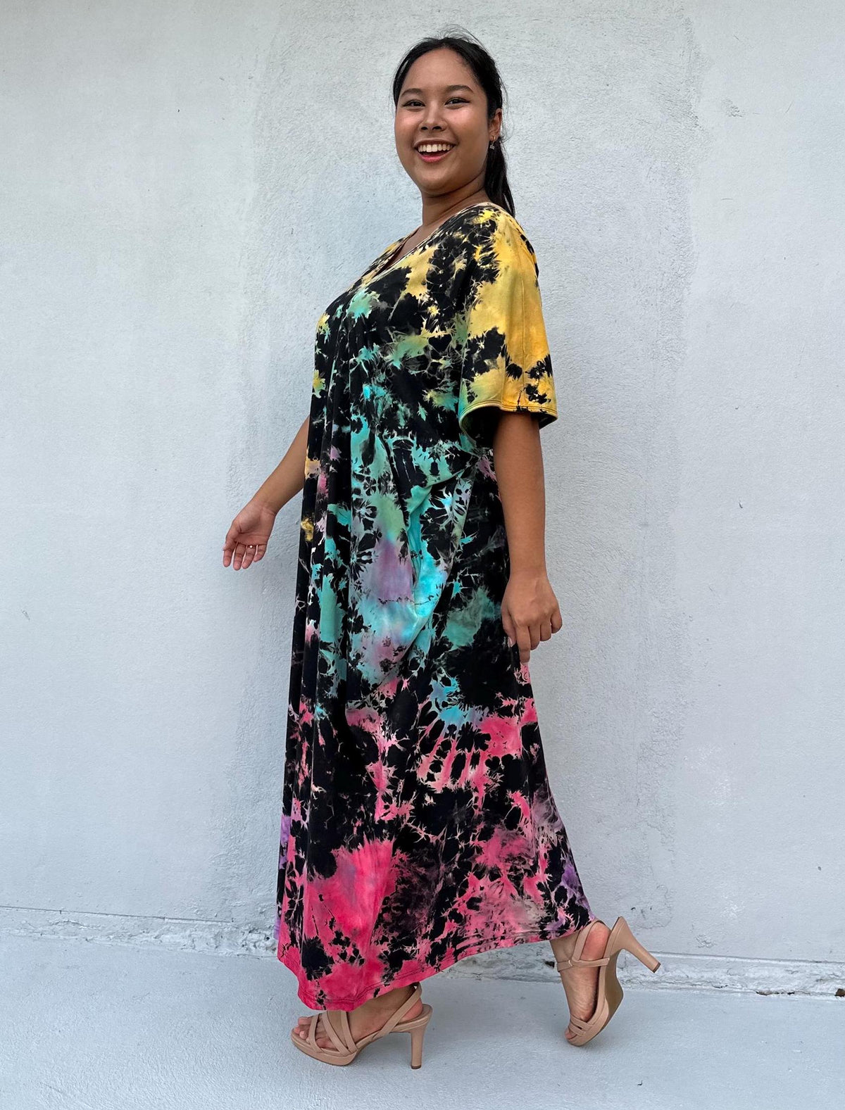 Mala Handworks Alisa Cotton Kaftan in Black Rainbow Tie Dye