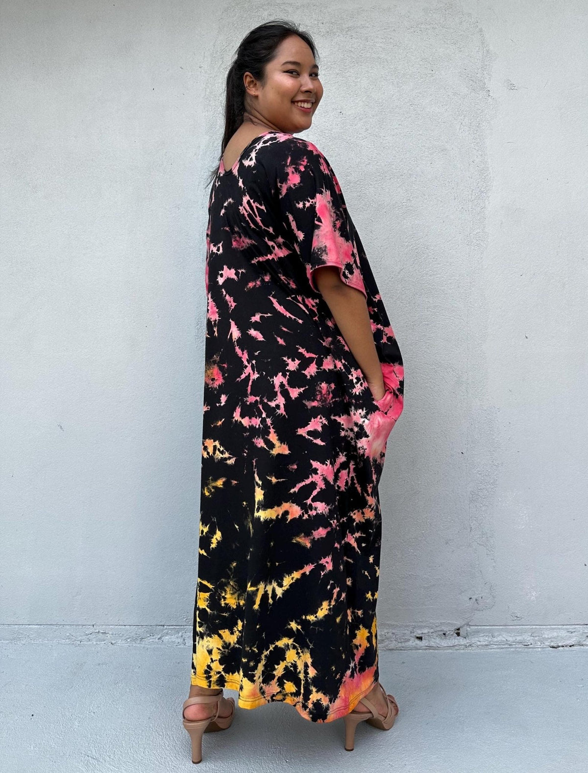 Mala Handworks Alisa Cotton Kaftan in Black Rainbow Tie Dye