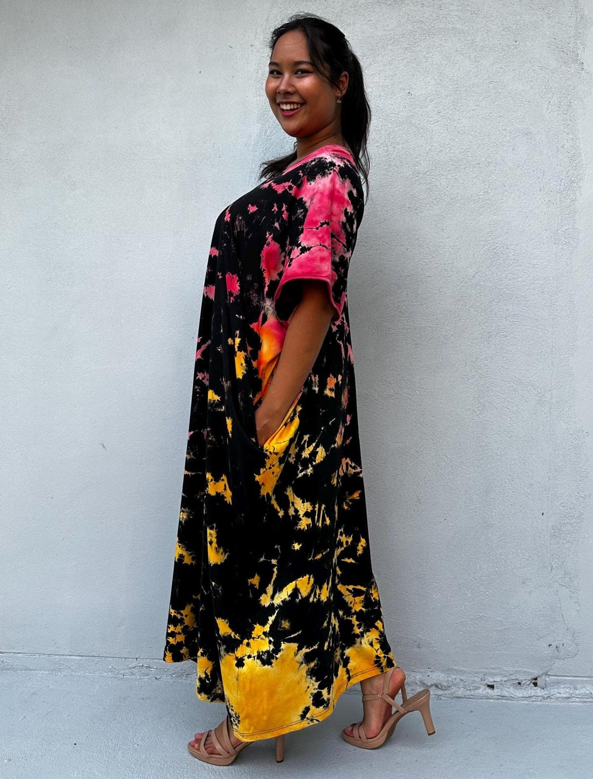 Mala Handworks Alisa Cotton Kaftan in Black Rainbow Tie Dye