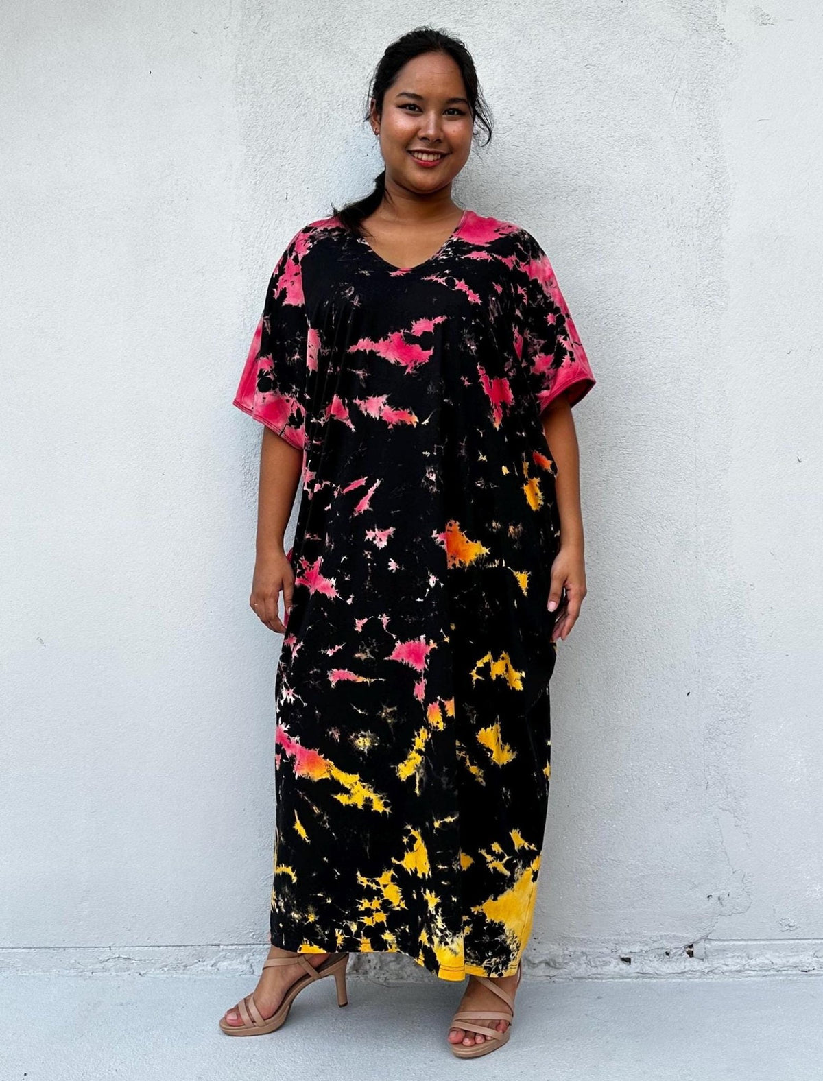 Mala Handworks Alisa Cotton Kaftan in Black Rainbow Tie Dye