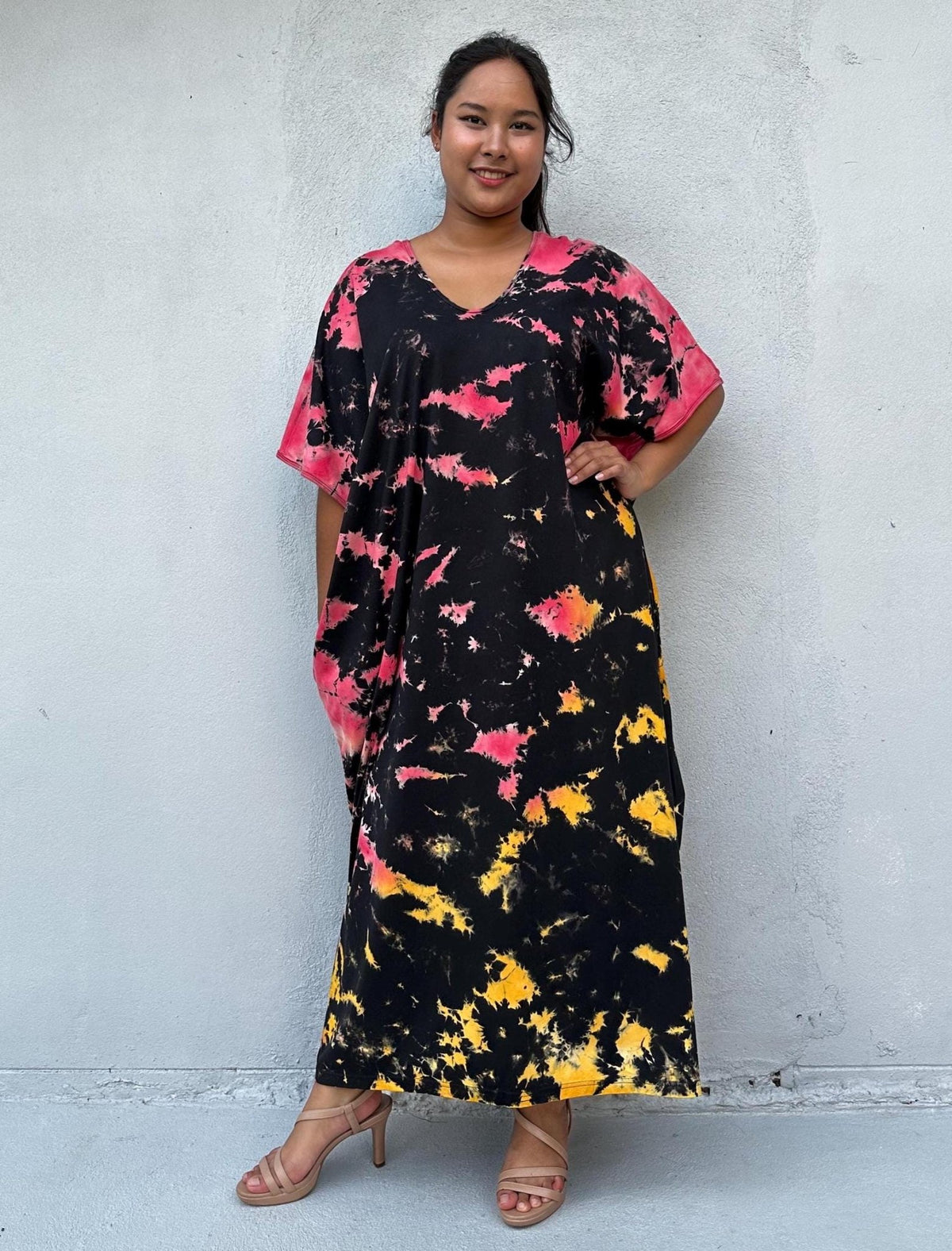 Mala Handworks Alisa Cotton Kaftan in Black Rainbow Tie Dye