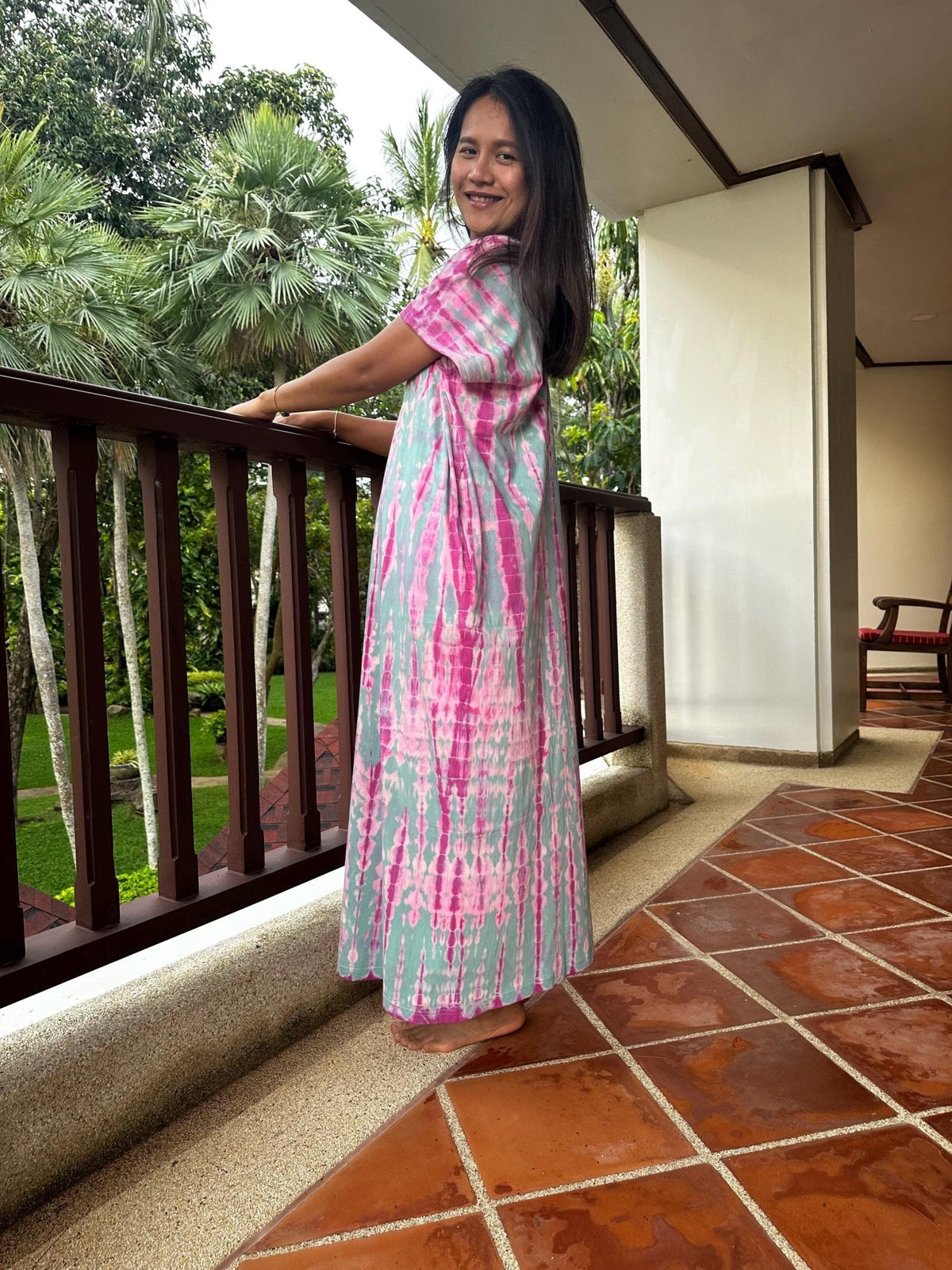 Alisa Petite Cotton Kaftan in Aqua and Fuchsia Tie Dye-AS-49-Mala Handworks