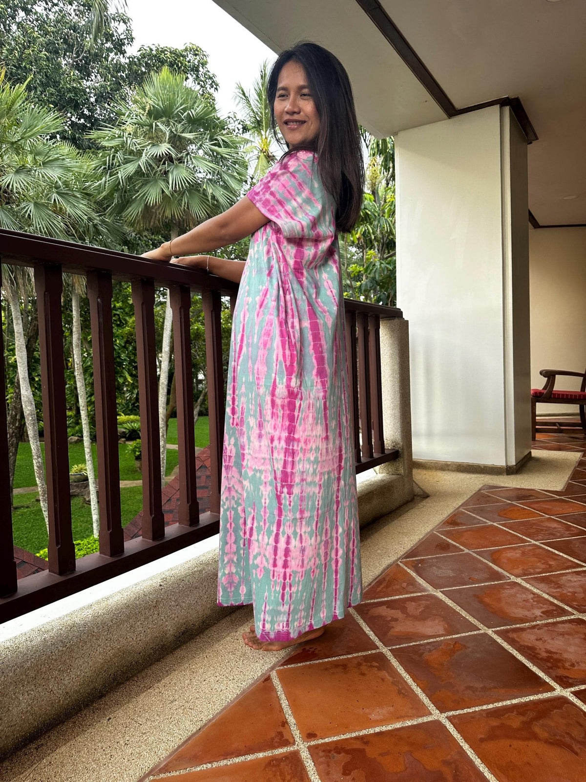 Alisa Petite Cotton Kaftan in Aqua and Fuchsia Tie Dye-AS-49-Mala Handworks