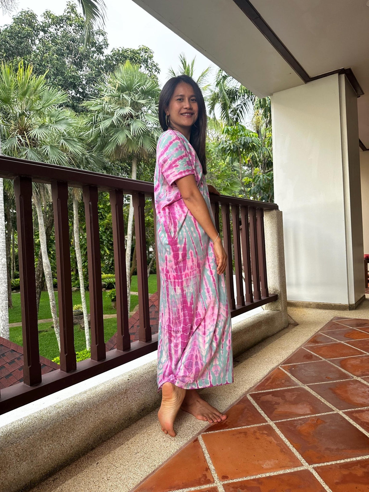 Alisa Petite Cotton Kaftan in Aqua and Fuchsia Tie Dye-AS-49-Mala Handworks