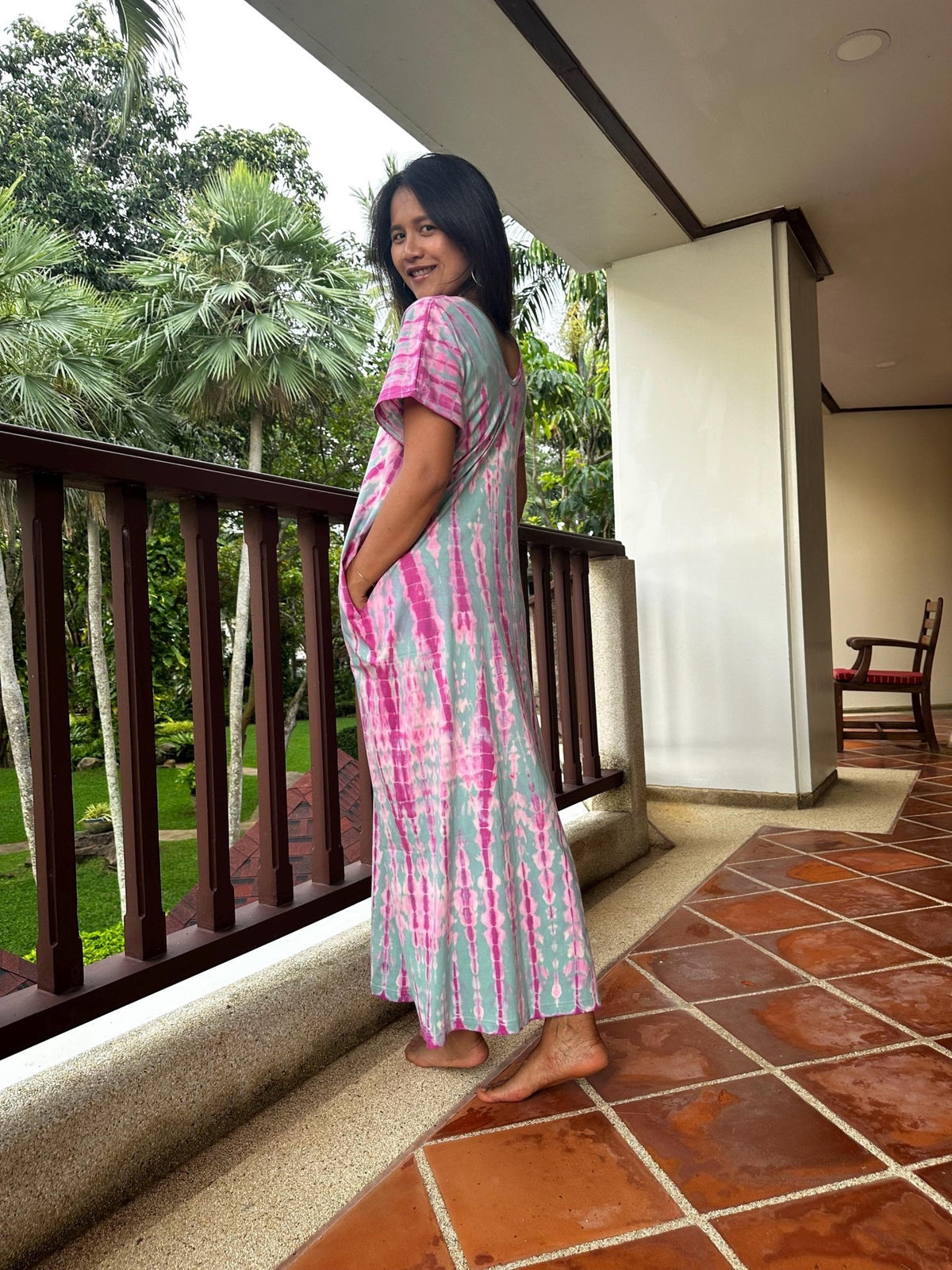 Alisa Petite Cotton Kaftan in Aqua and Fuchsia Tie Dye-AS-49-Mala Handworks