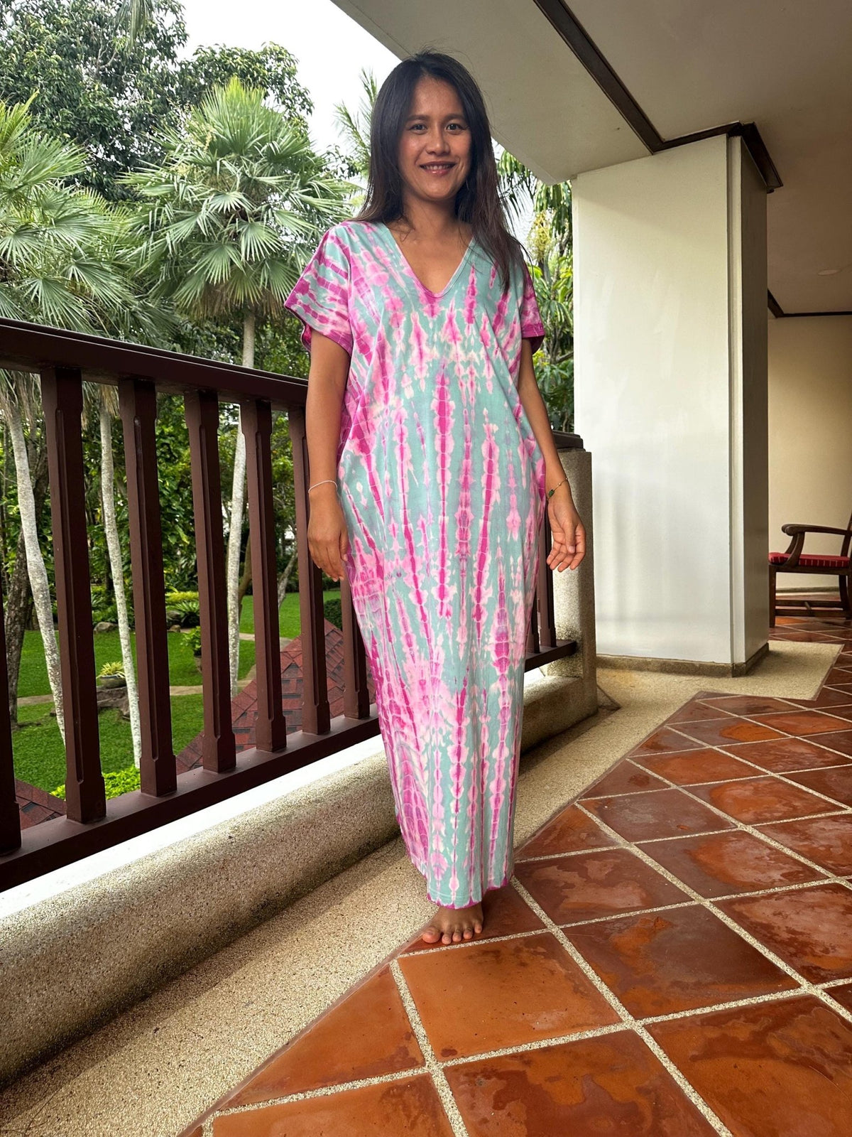 Alisa Petite Cotton Kaftan in Aqua and Fuchsia Tie Dye-AS-49-Mala Handworks