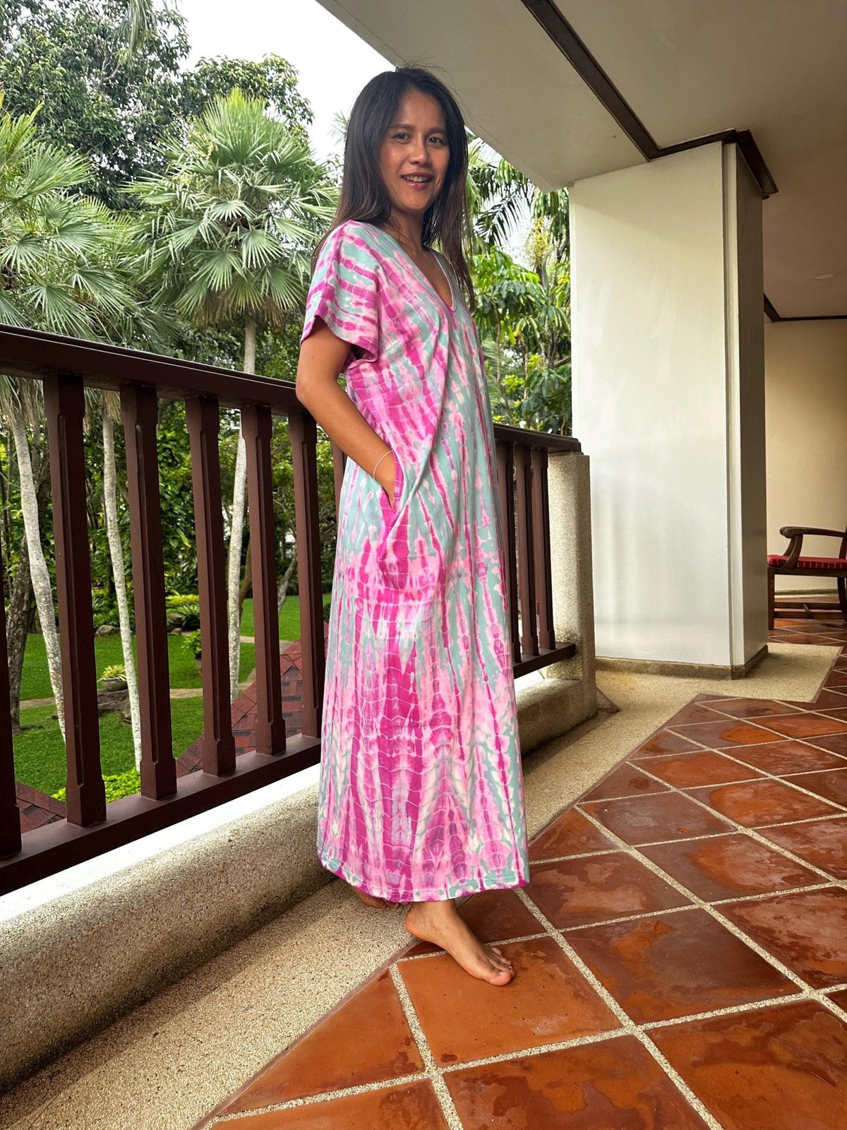 Alisa Petite Cotton Kaftan in Aqua and Fuchsia Tie Dye-AS-49-Mala Handworks