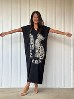 Mala Handworks Alisa Petite Cotton Kaftan in Black with Hand-Painted Tiger