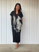 Mala Handworks Alisa Petite Cotton Kaftan in Black with Hand-Painted Tiger