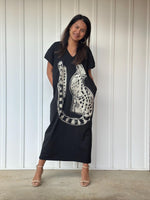 Mala Handworks Alisa Petite Cotton Kaftan in Black with Hand-Painted Tiger