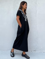 Mala Handworks Alisa Petite Cotton Kaftan in Black with Hand-Painted Tiger Neckline