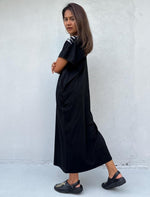 Mala Handworks Alisa Petite Cotton Kaftan in Black with Hand-Painted Tiger Neckline