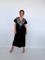 Mala Handworks Alisa Petite Cotton Kaftan in Black with Hand-Painted Zebra Neckline