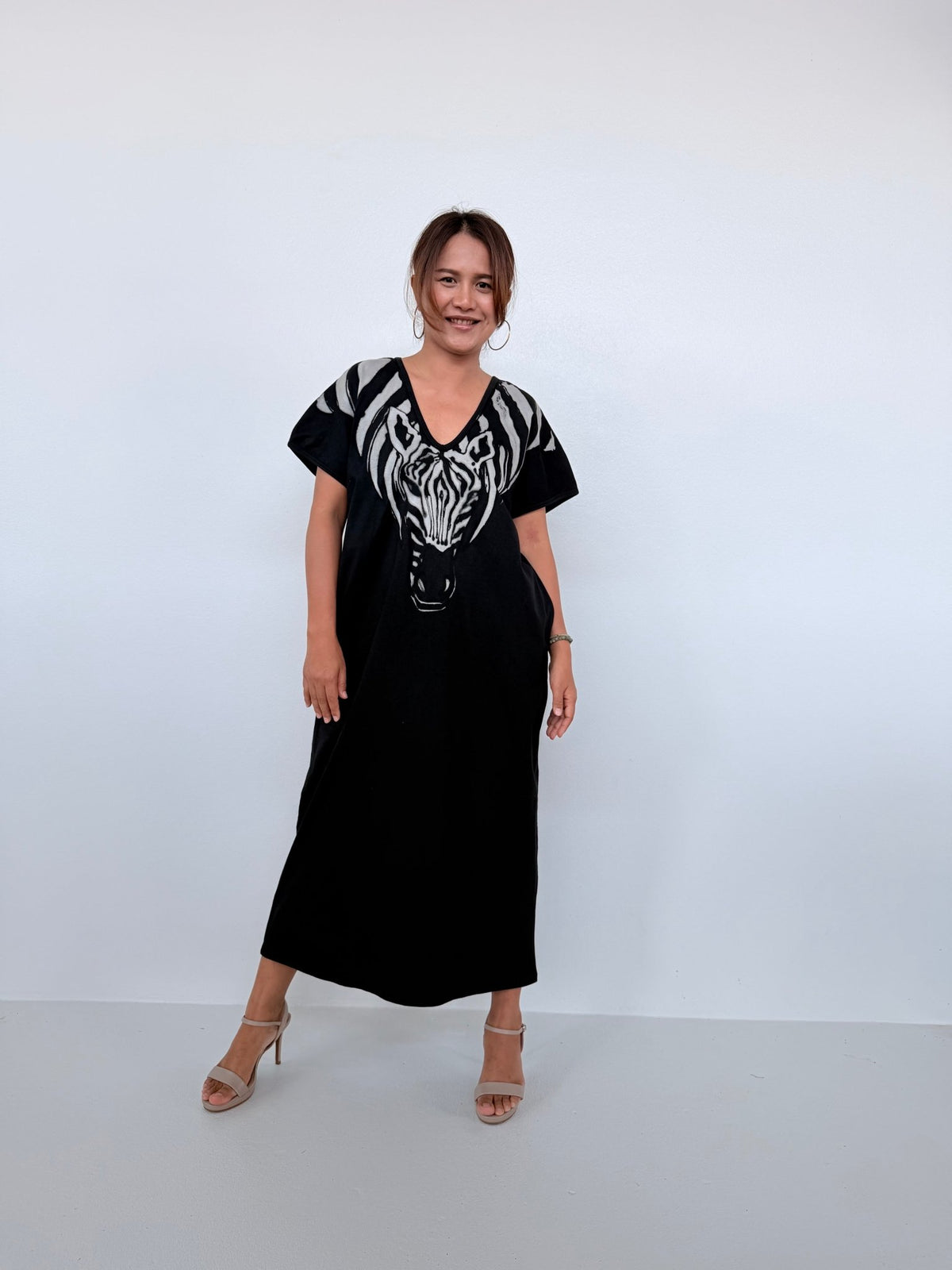 Mala Handworks Alisa Petite Cotton Kaftan in Black with Hand-Painted Zebra Neckline