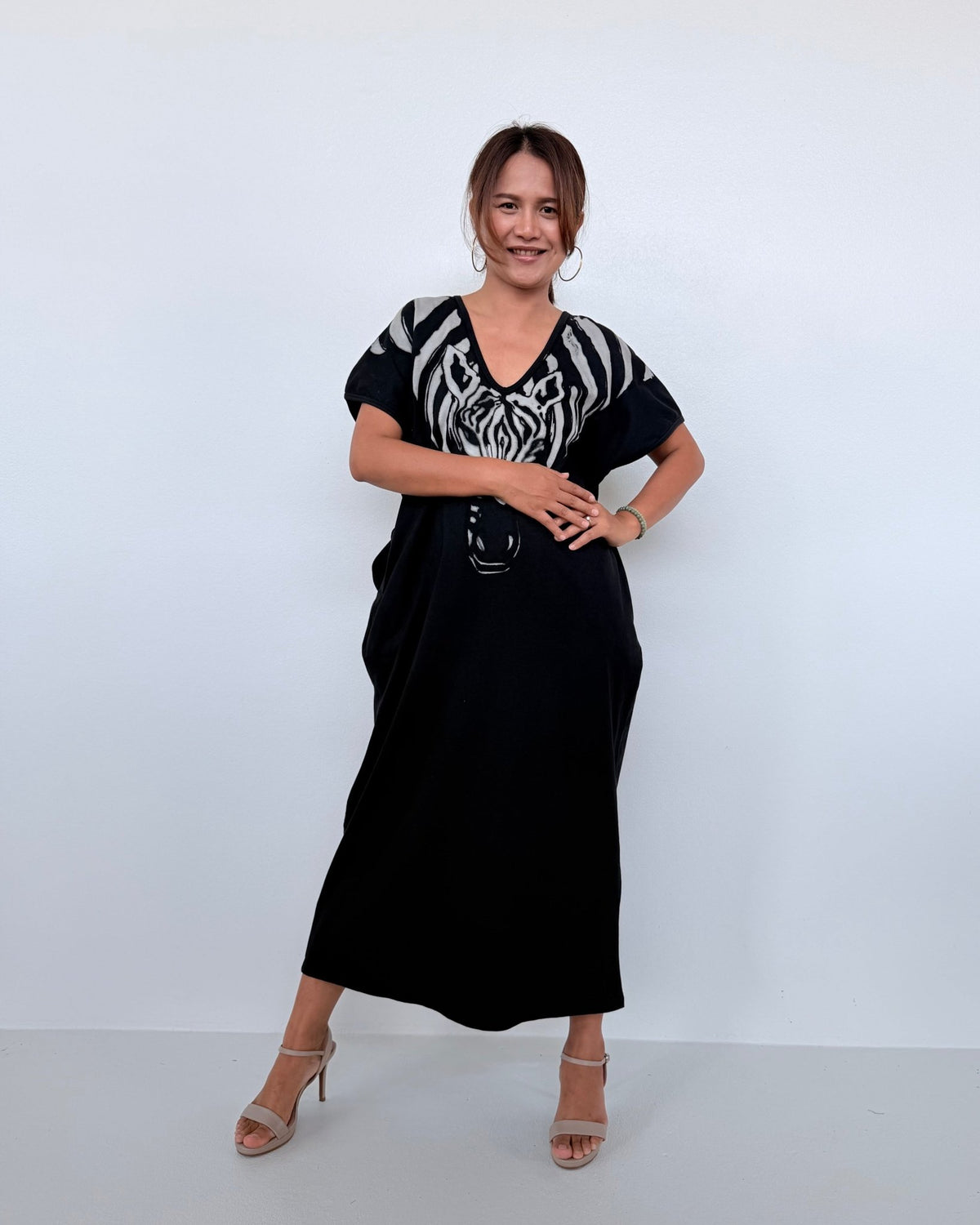 Mala Handworks Alisa Petite Cotton Kaftan in Black with Hand-Painted Zebra Neckline