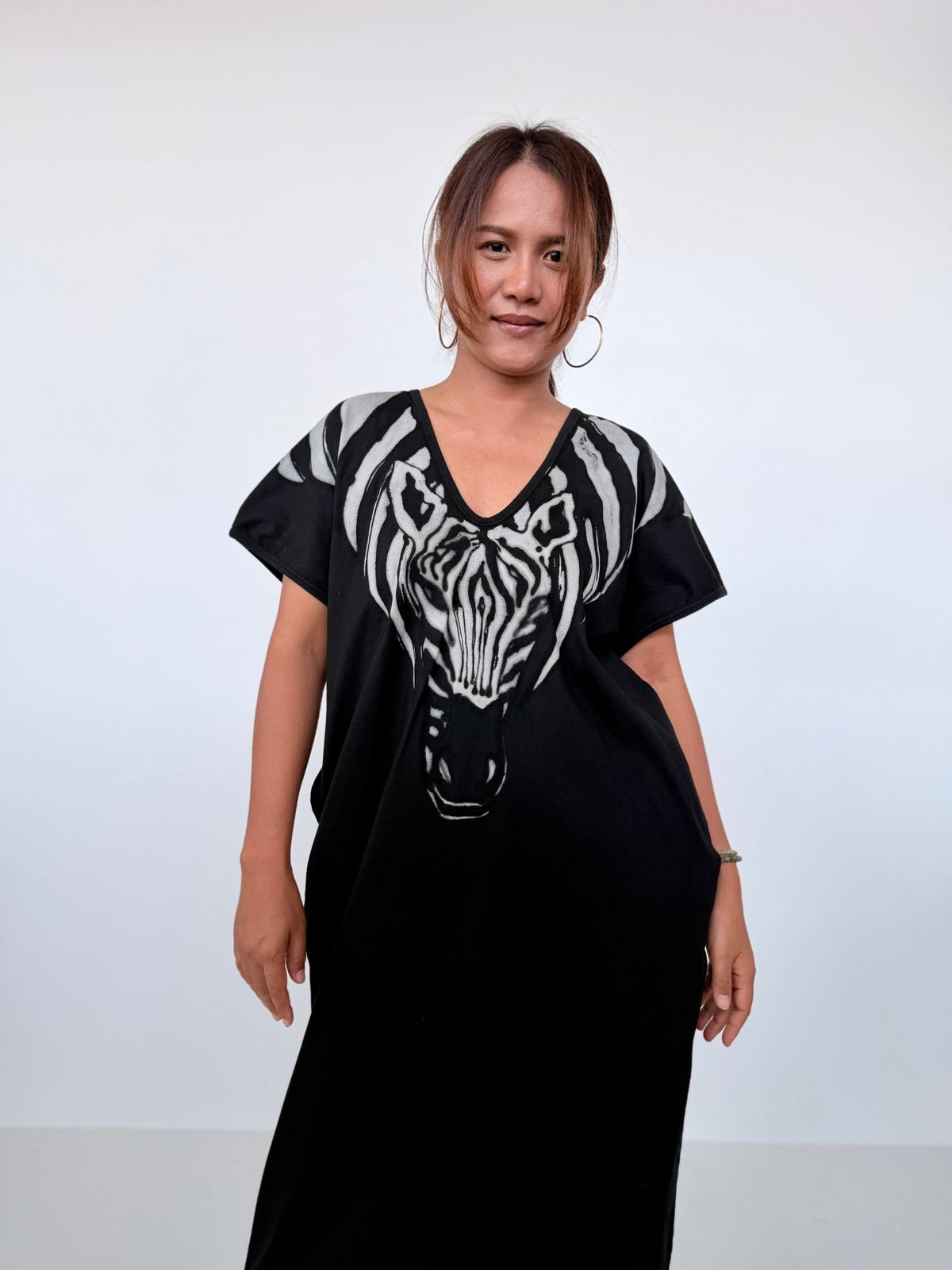 Mala Handworks Alisa Petite Cotton Kaftan in Black with Hand-Painted Zebra Neckline