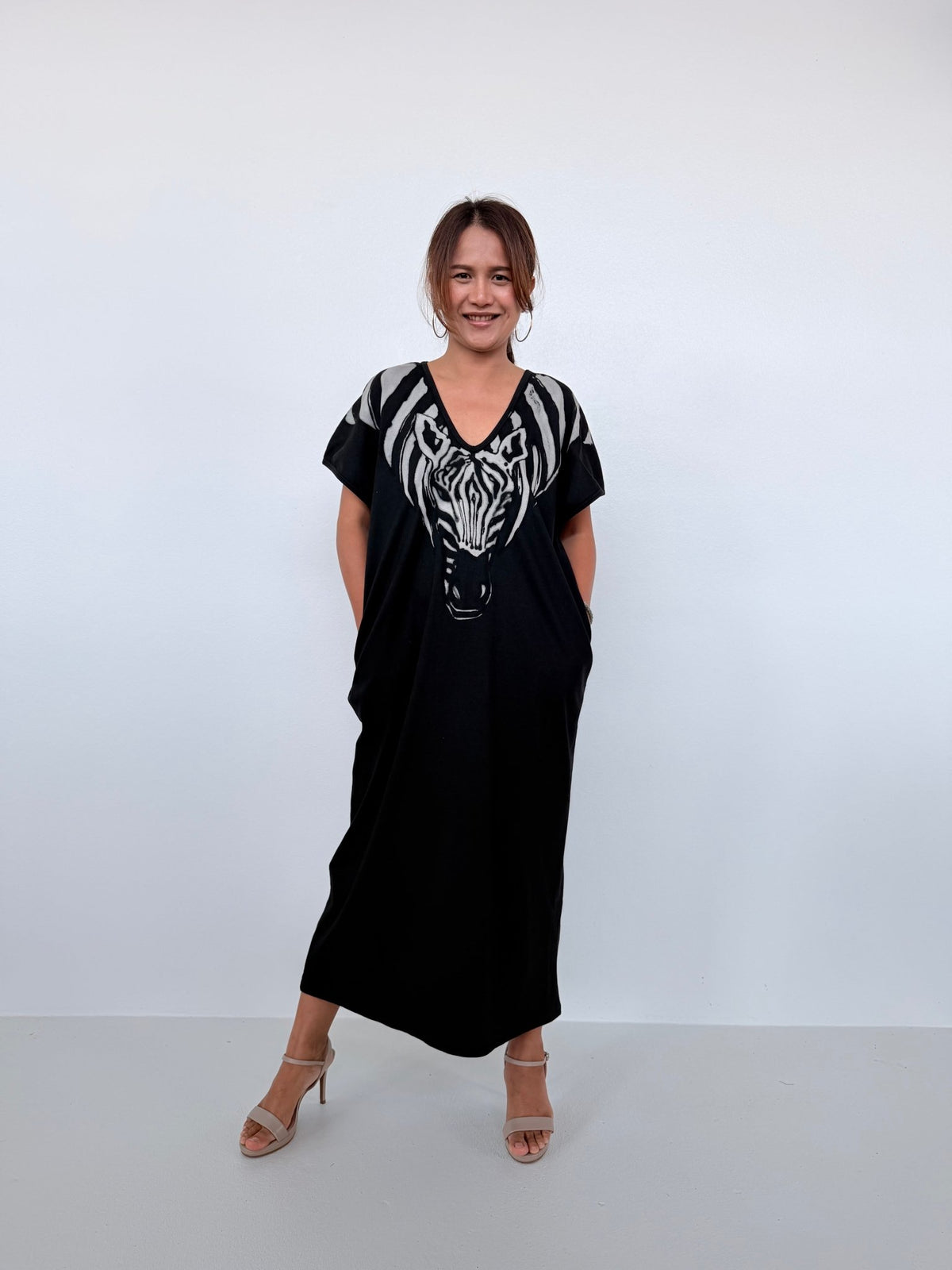 Mala Handworks Alisa Petite Cotton Kaftan in Black with Hand-Painted Zebra Neckline