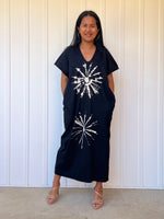 Mala Handworks Alisa Petite Cotton Kaftan in Black with Hand-Painted Starburst